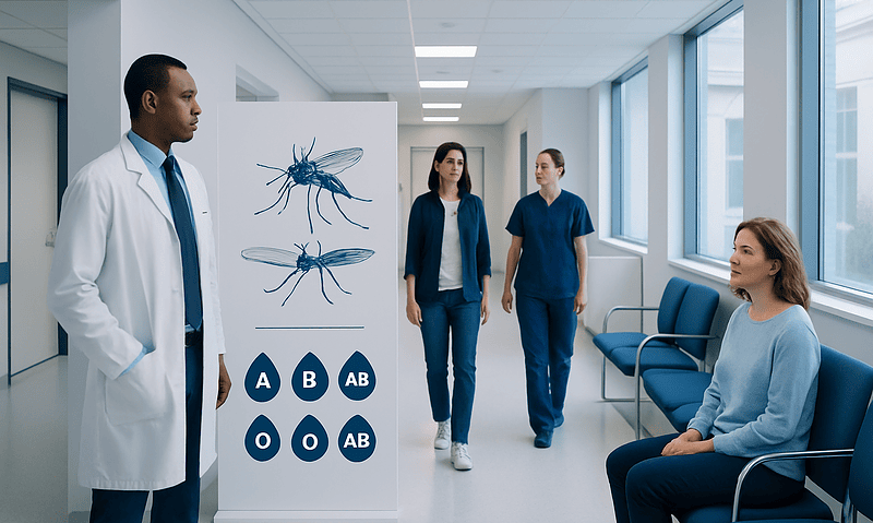 Medical professionals discussing blood types in a hospital corridor.