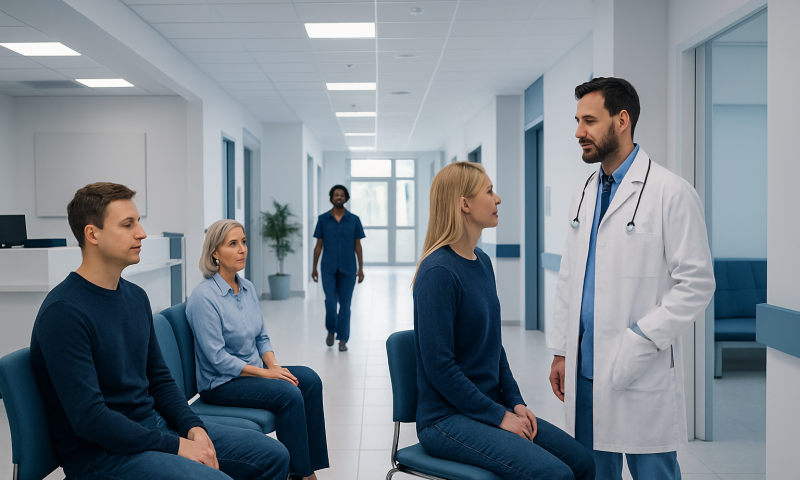 Doctor consulting patients in a hospital corridor with waiting patients.