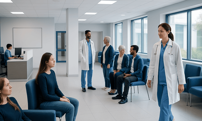 Medical professionals and patients in a hospital waiting area.