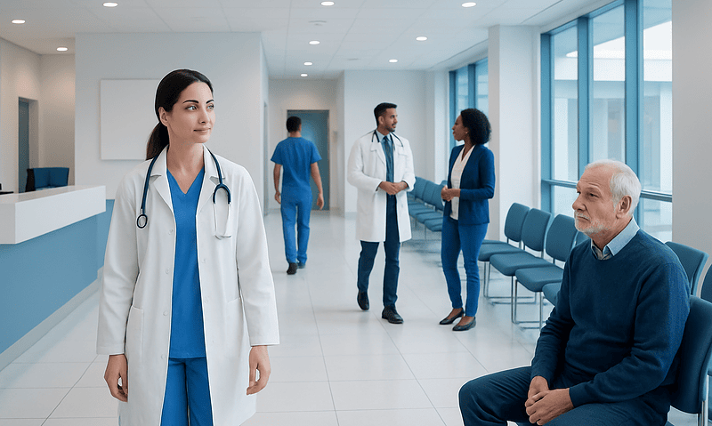 Healthcare professionals and patient in a modern hospital waiting area.