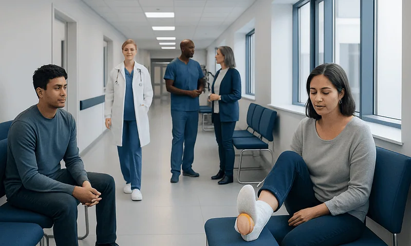 Patients and medical staff in a hospital corridor with a patient having a foot injury.
