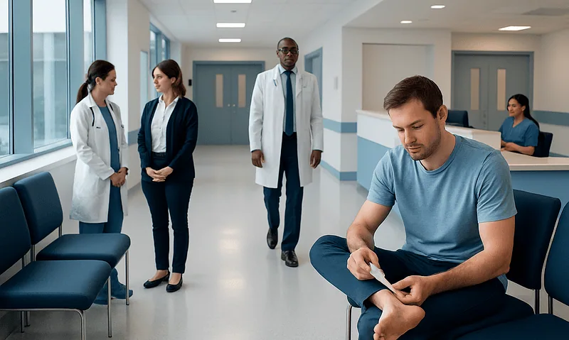 Patients and doctors in a hospital corridor at Acibadem Hospitals Group.