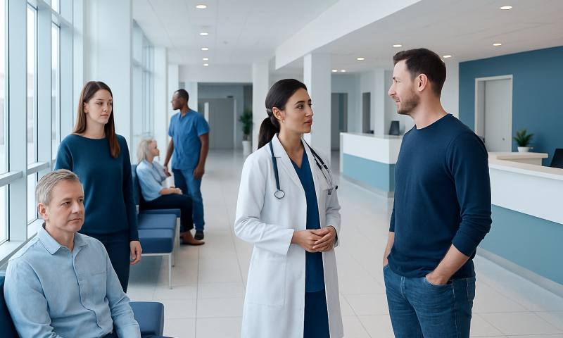 Healthcare professionals and patients in a modern hospital lobby.