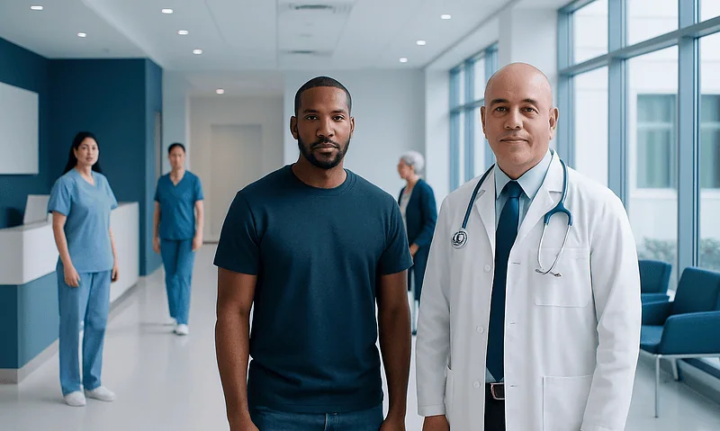 Medical professionals in a hospital corridor with doctors and nurses.
