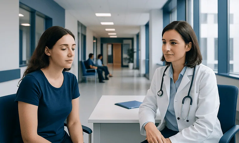 Doctor consulting a patient in a hospital corridor.