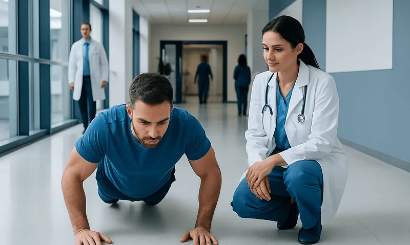 Medical professional supervises patient doing push-up exercise in hospital corridor.