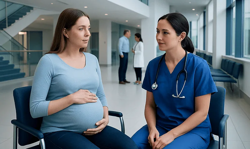 Pregnant woman consulting with a healthcare professional in a hospital lobby.