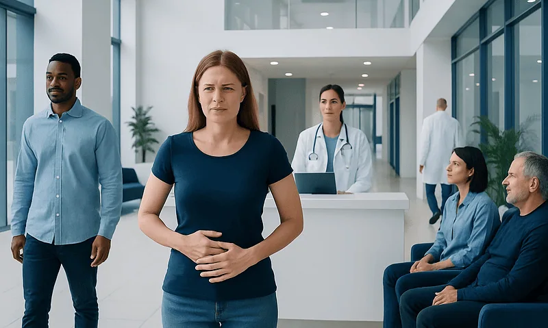 Woman experiencing stomach pain in a hospital waiting area.