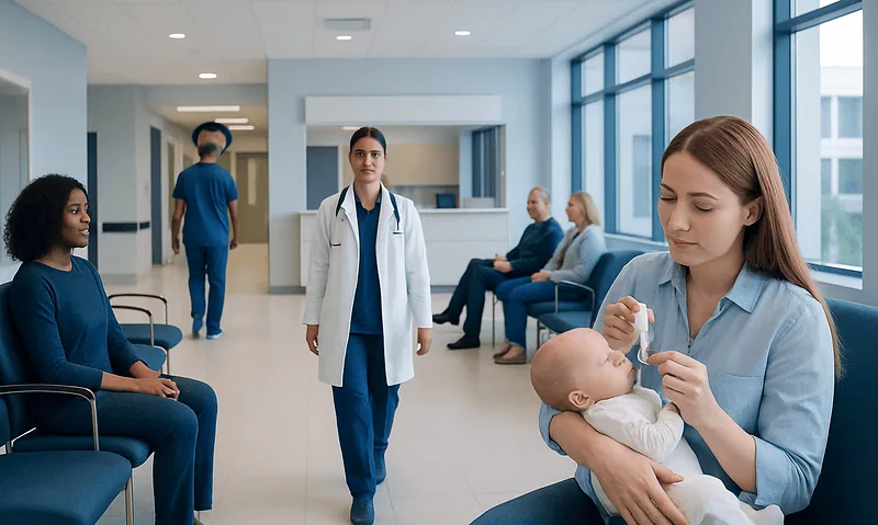 Pediatric nurse feeding a baby in a hospital waiting area.
