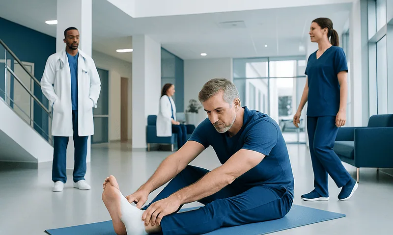 Physiotherapist assisting patient with stretching exercise in hospital corridor.