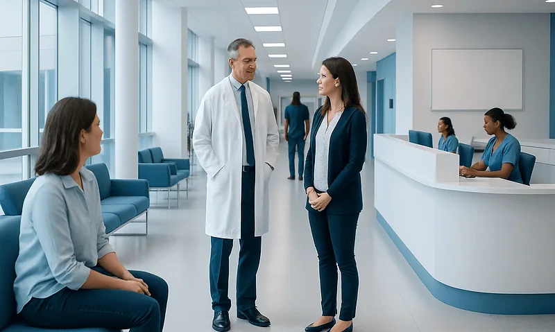 Doctor talking to a patient in a hospital corridor with staff in the background.