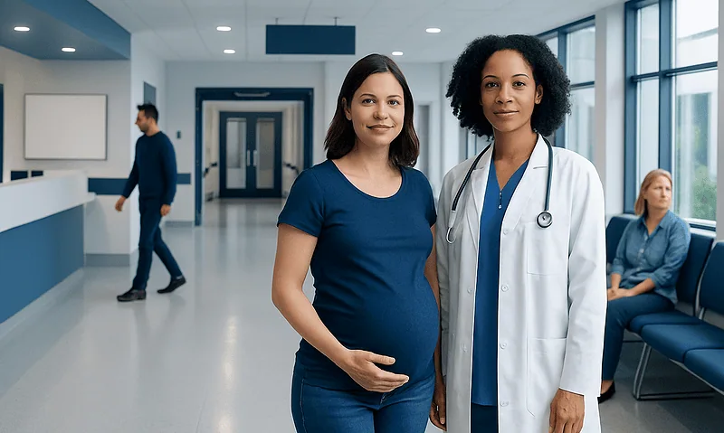 Pregnant woman with doctor in hospital corridor.