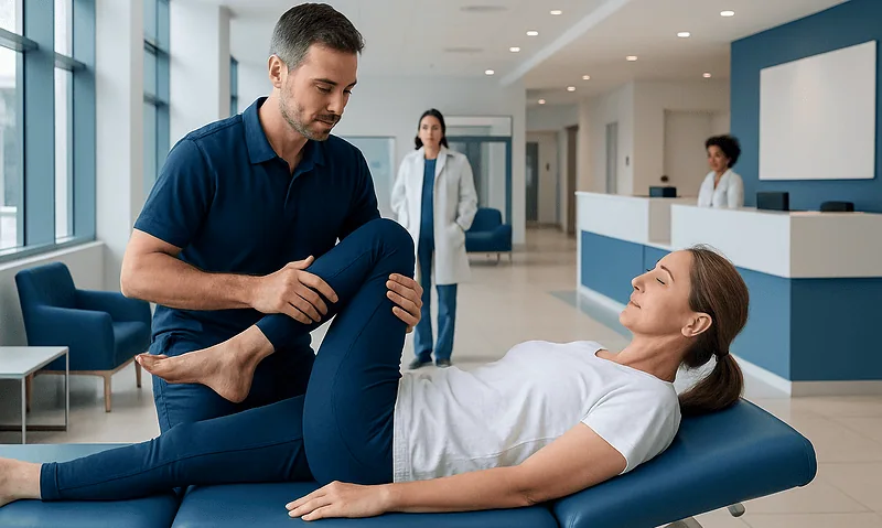 Physiotherapist examining patient's hip in a modern clinic setting.