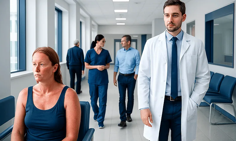 Doctor and patient in a hospital corridor, healthcare professionals in background.