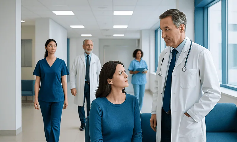 Doctor consulting female patient in hospital corridor with medical staff in background.