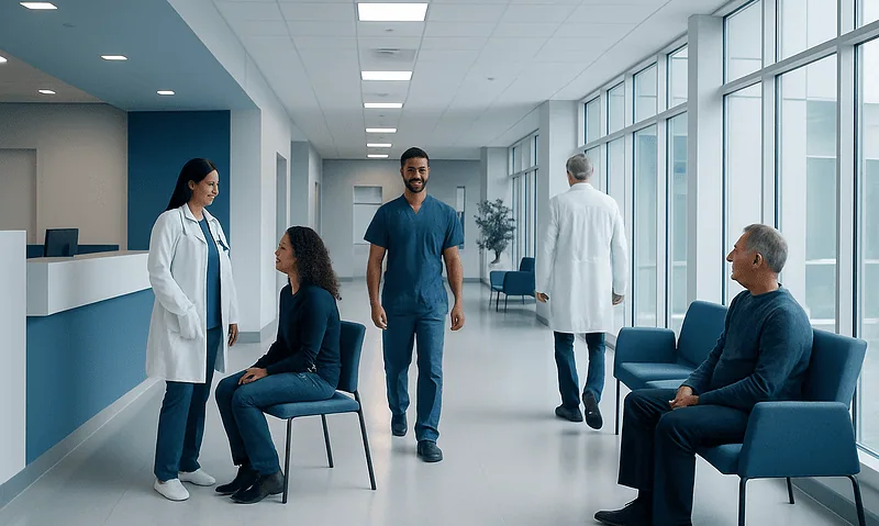 Modern hospital waiting area with healthcare professionals and patients.