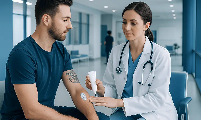 Doctor applying ointment to patient's arm in a hospital setting.