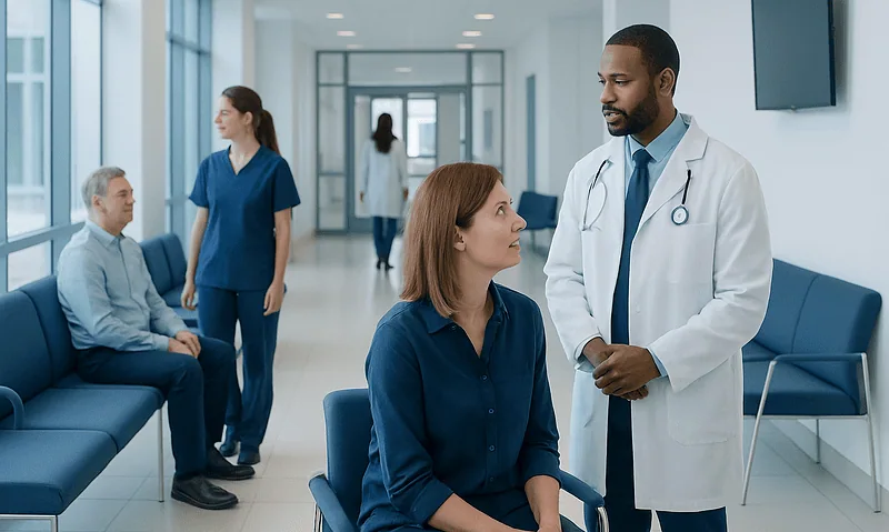 Doctor consulting with a patient in a hospital corridor.