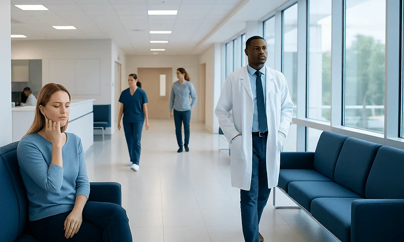 Medical professionals and patient in a hospital corridor with large windows.