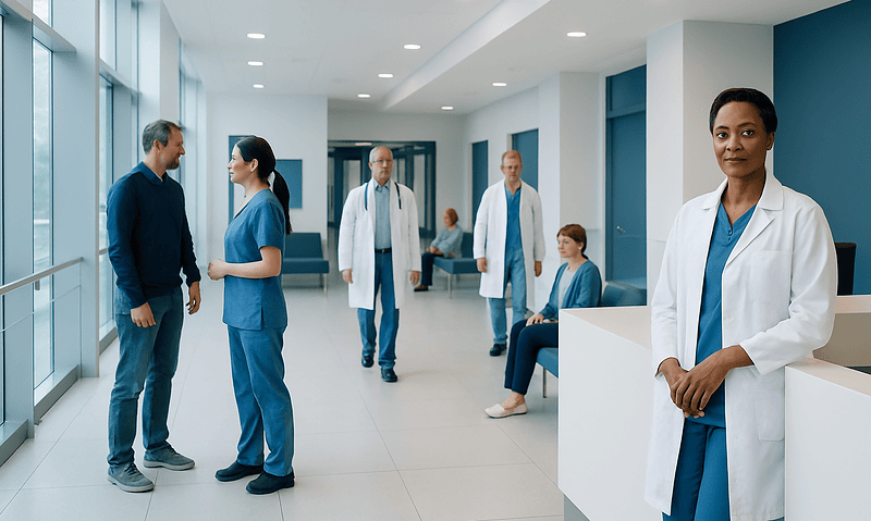 Healthcare professionals and patients in a modern hospital corridor.