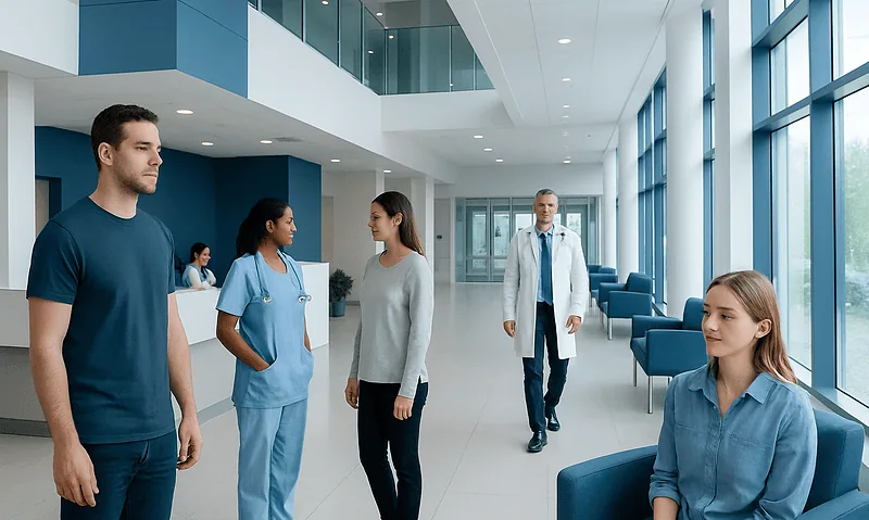 Hospital staff and patients in a modern medical facility corridor.
