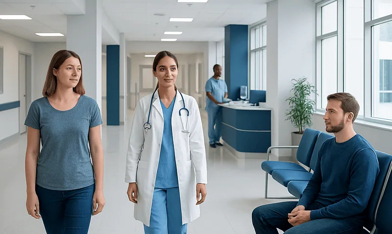 Medical consultation in a modern hospital with doctor and patients.