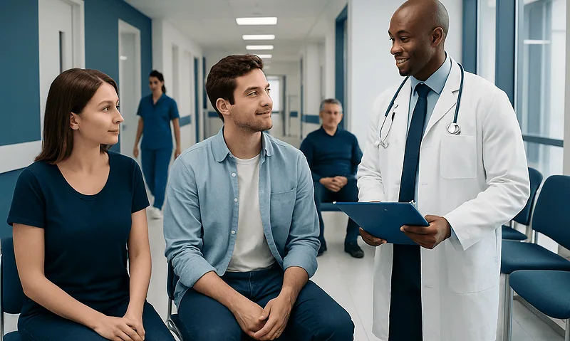 Doctor consulting with patients in a hospital corridor.