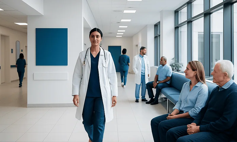 Healthcare professionals and patients in a modern hospital corridor.