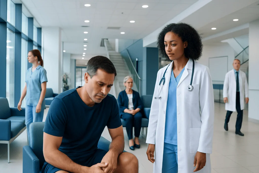 Vitamins for Muscle Cramps: Evidence-Based Benefits, Risks, and Practical Guidance 1 Patient in hospital waiting area with medical staff and other patients.