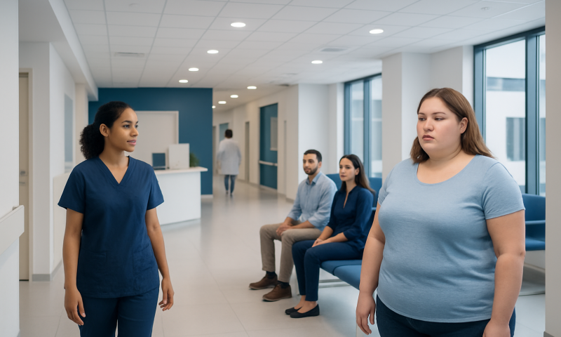 Patient and nurse in a hospital corridor during a consultation.