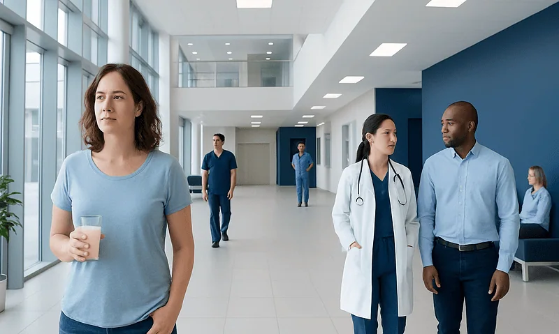 Patients and medical staff in a modern hospital corridor.