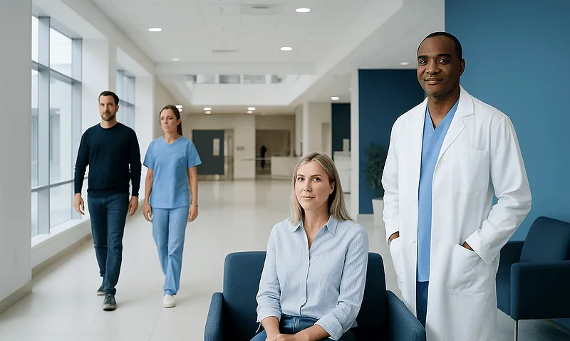 Healthcare professionals and patient in a modern hospital corridor.