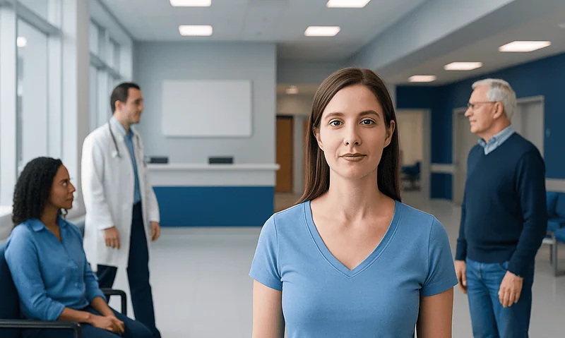 Female healthcare professional in a hospital setting with colleagues in the background.
