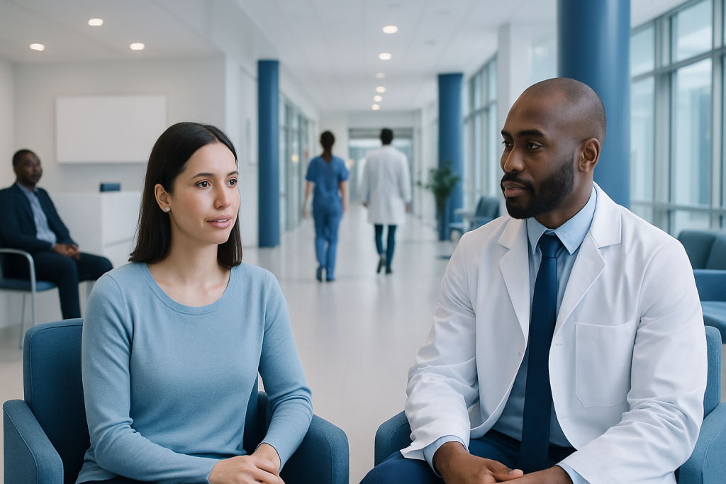 Do Women Have Testosterone? Causes, Explanations, and Next Steps 1 Doctor consulting with a female patient in a modern hospital corridor.