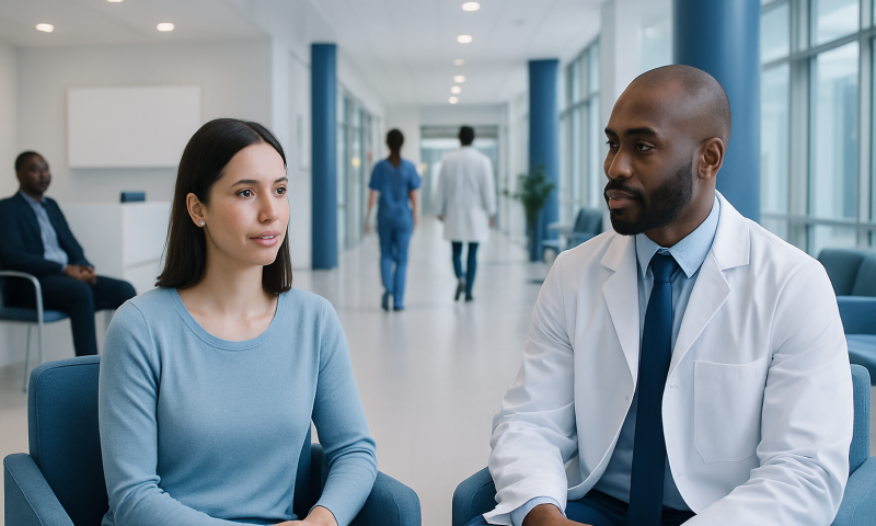 Doctor consulting with a female patient in a modern hospital corridor.