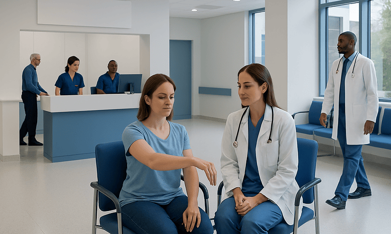Patient receiving wrist examination from healthcare professional in hospital.