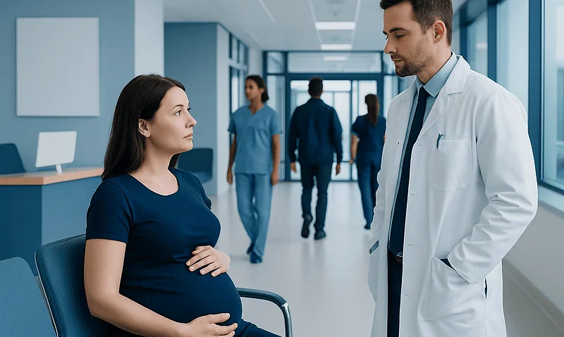 Pregnant woman consulting with doctor in hospital corridor.