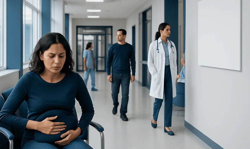 Woman with abdominal pain in hospital corridor with medical staff nearby.