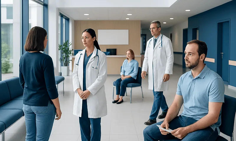 Medical consultation in a modern hospital waiting area with doctors and patients.