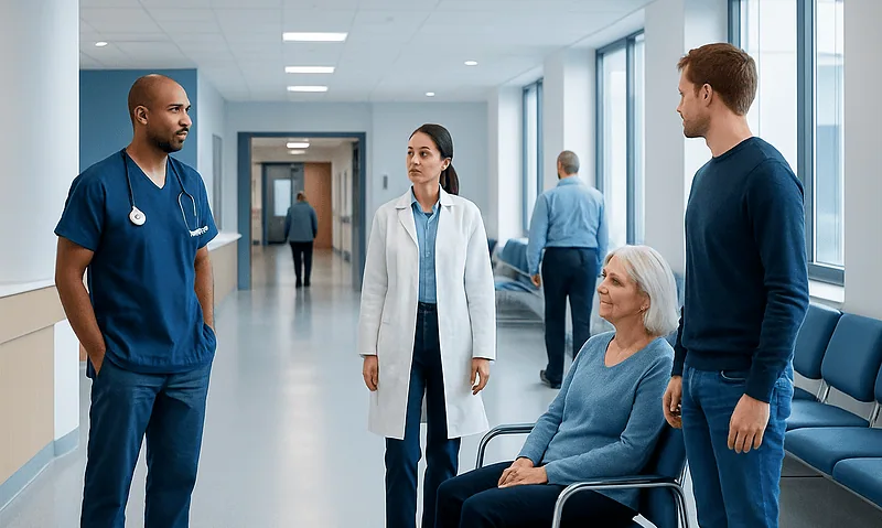 Medical team consulting with elderly patient in hospital corridor.