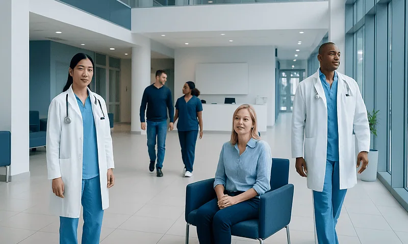 Diverse medical team in hospital lobby with patient and doctors.