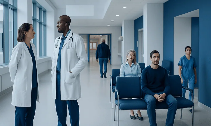 Medical professionals and patients in a hospital corridor.