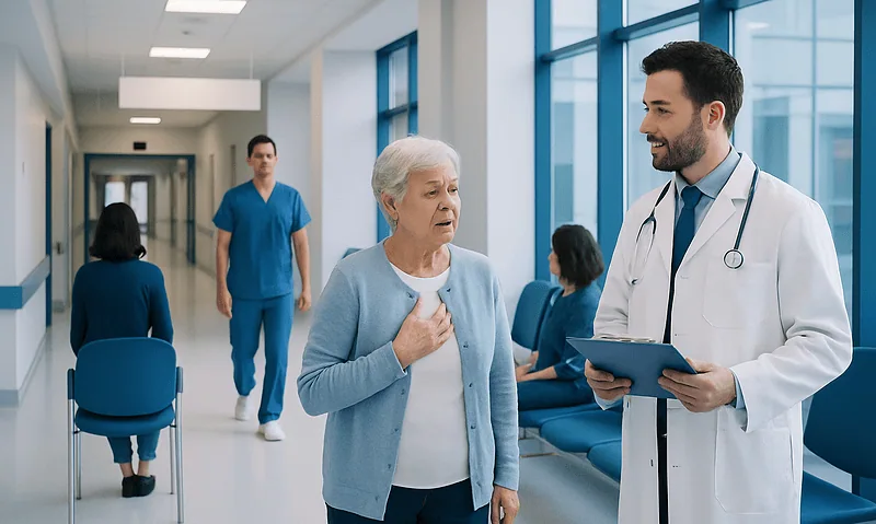 Doctor consulting elderly woman in hospital corridor.