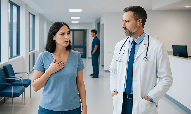 Doctor consulting a woman in a hospital corridor.