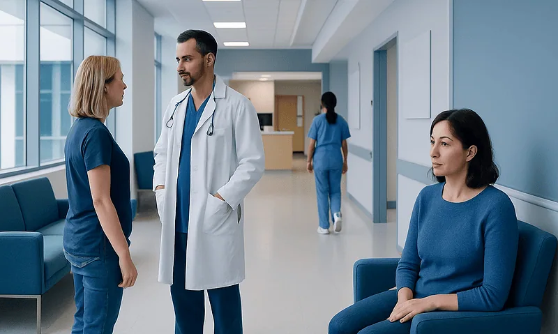 Doctor consulting female patient in hospital corridor.