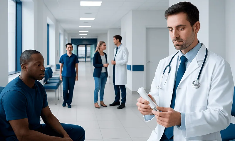Doctor using smartphone in hospital corridor with patient and staff.