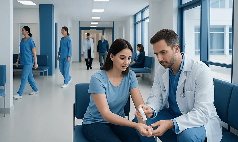 Doctor examining patient's wrist in hospital corridor with medical staff in background.