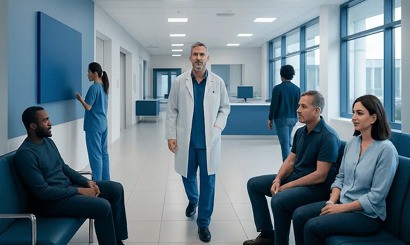Medical consultation in a modern hospital waiting area with doctor and patients.