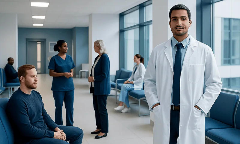 Medical professionals and patients in a modern hospital waiting area.