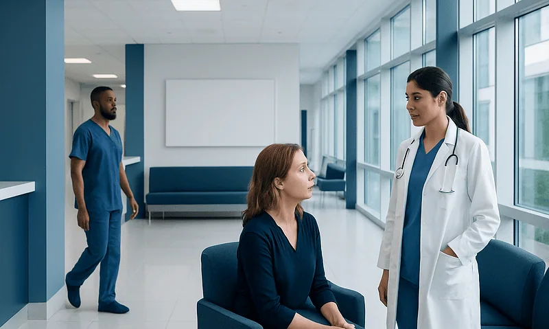 Doctor consulting a patient in a modern hospital corridor.
